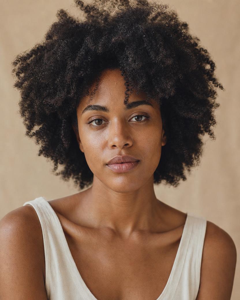 Mulher negra de frente, com cabelo crespo volumoso em formato afro e luz natural revelando o desenho de cada fio.