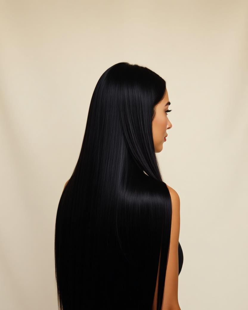 Mulher de cabelo liso preto e brilhante, vista de costas, com a luz correndo em linha contínua pelo comprimento.