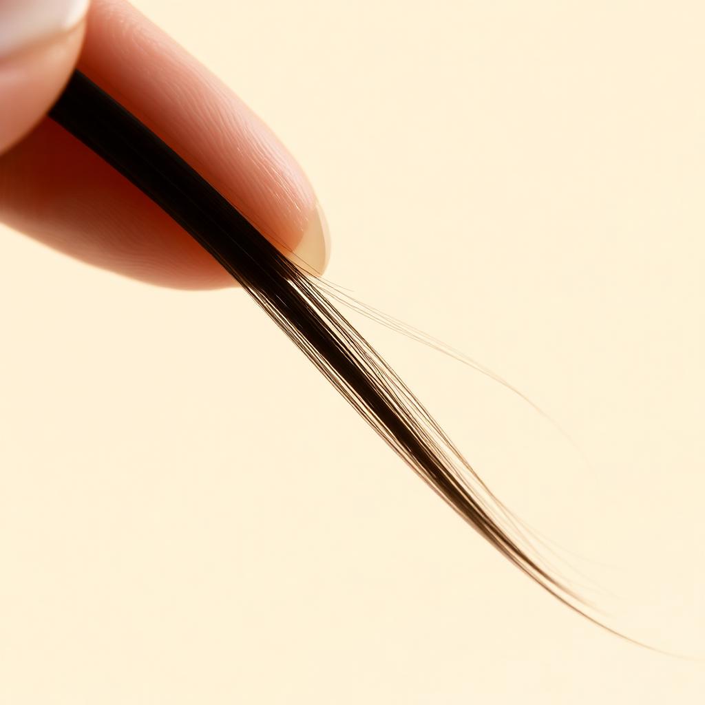 Macro de um fio de cabelo escuro segurado entre dois dedos, com uma linha fina de luz correndo pela cutícula.