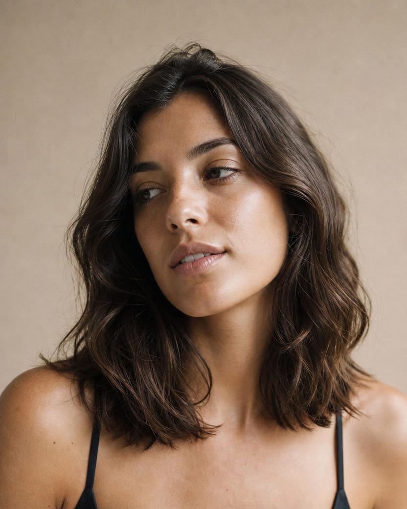 Mulher de cabelo ondulado castanho na altura dos ombros, com ondas definidas e luz suave nos comprimentos.