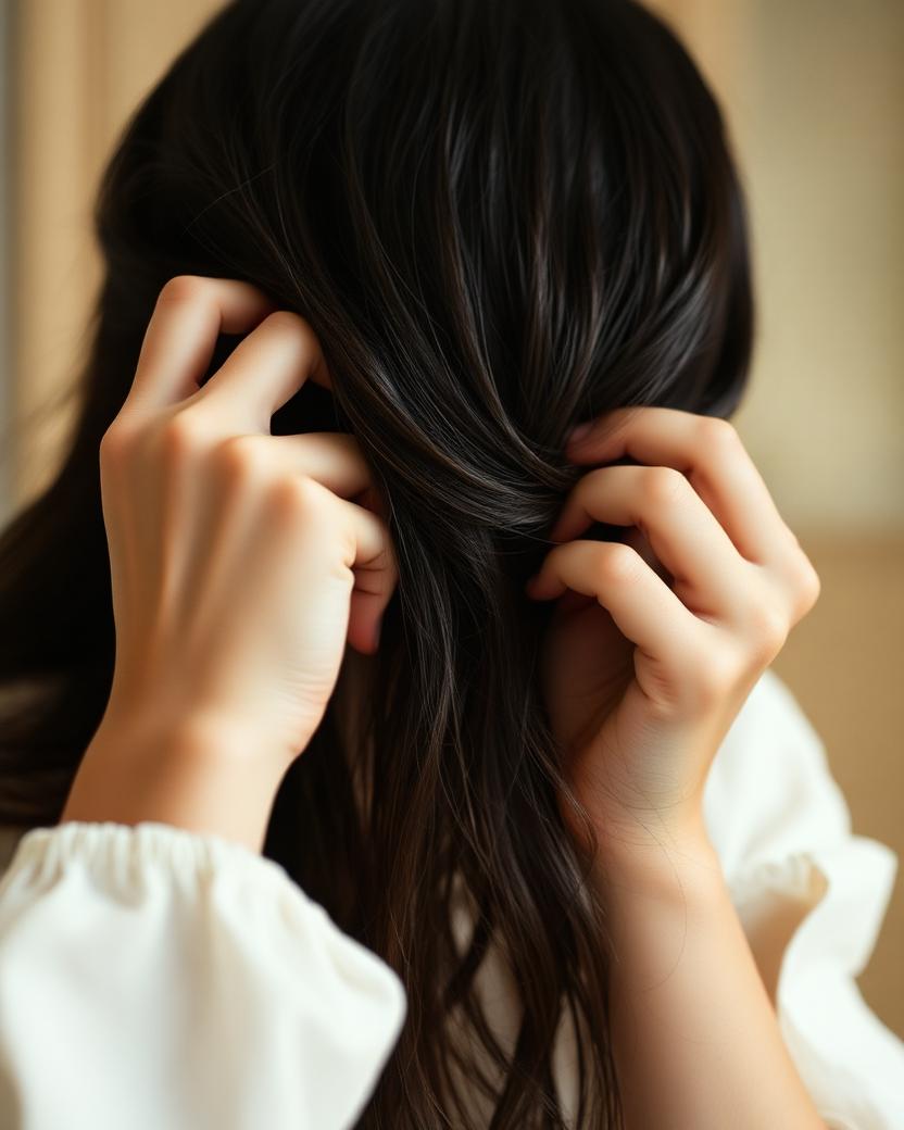 Mãos distribuindo produto pelo comprimento úmido de um cabelo escuro longo, em luz suave e quente.